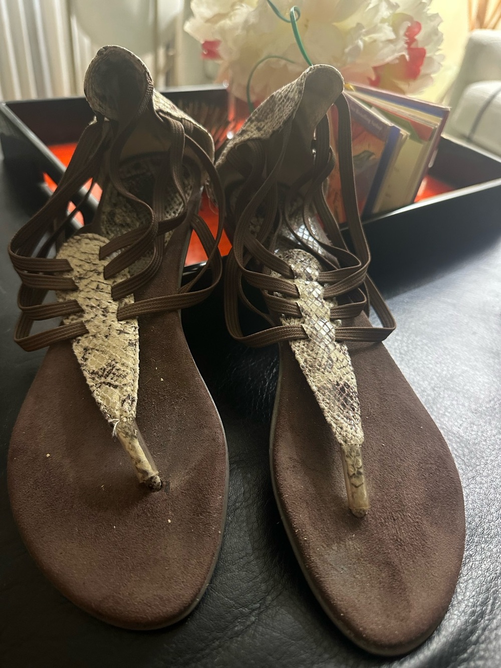 Women’s Brown Snake-Print Strappy Thong Sandals